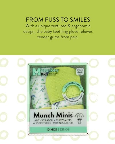 Malarkey Kids Dinosaur Paw Teething Mitt - Pack of 2 Soothing Infant Mitten Pain Relief Prevent Scratches, Safe Silicone Teething Toys, 0-3 Months