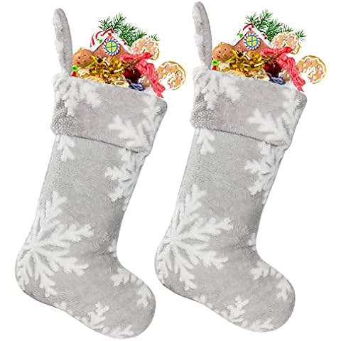 Rorchio 2 Pack Grey Christmas Stockings, 18inch Xmas Stockings with Snowflake Pattern for Christmas Fireplace Home Decorations Cover