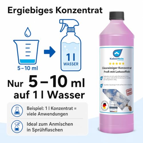 Foto von KaiserRein Glasreiniger Konzentrat mit Lotuseffekt 1L unser Profi Fenster-Reiniger I Fenstersauger geeignet I streifenfrei für Glas Fenster und Spiegel