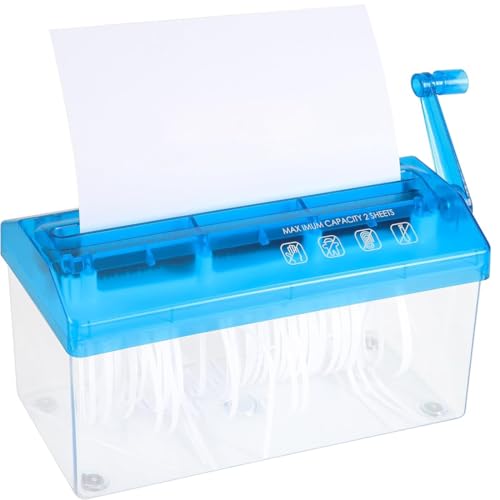 Destructora Manual, Destructora de Papel A4, Manivela Corte en Tiras 3mm, Alimentación 229mm, Capacidad 3L, Portátil para Hogar Oficina Escuela Escritorio, Azul Negro Transparente(Blue)