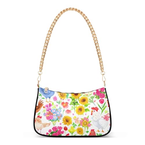 Zipper Hobo Purse Bags Colorful Chicken Spring Flowers Clutch Handbag Women Floral Shoulder Purses with Chain Strap