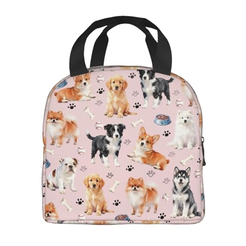 yhogxte Cute Dog Lunch Bag Reusable Pink Lunch Box with Puppys
