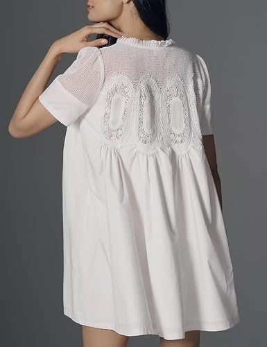 Image of Womens Summer Lace Mini Babydoll Dress Ruffled Collar Short Sleeve Loose Mesh Swing Elegant Flared Sundress