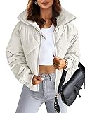 MEROKEETY Women's Long Sleeve Zip Up Short Down Jacket Fashion Bubble Coat Outerwear with Pockets,Beige,M