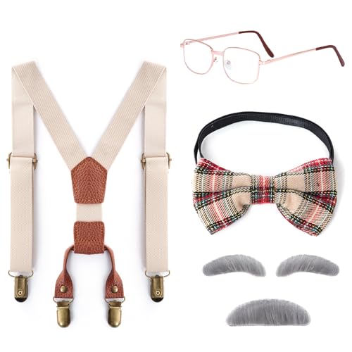Ishua 6pcs Grandpa Costume Accessories, 100 Day of School Old Man Costume, Fancy Old Man Costume Accessories for Halloween Adult