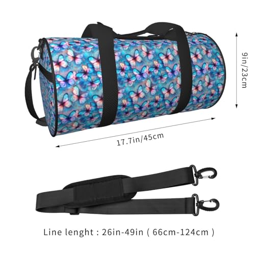 Blue and Pink Butterfly Travel Duffel Bag Shoes Compartment Foldable Lightweight Yoga Gym Sports Bag4
