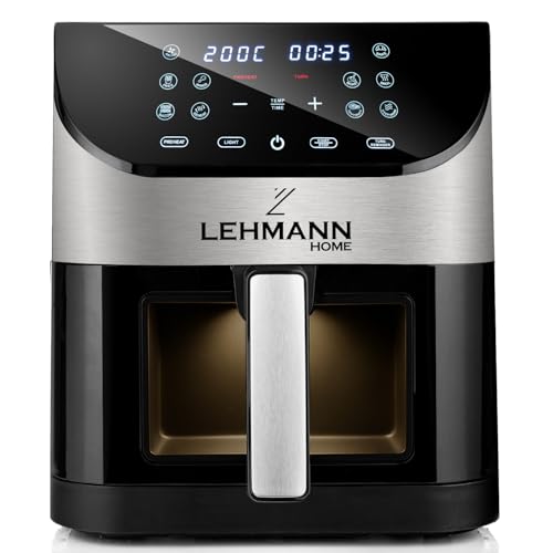 LEHMANN Friggitrice ad aria calda 6L con finestra di visualizzazione, 1500 W, Air Fryer con 12 programmi, controllo della temperatura 76-200°C, timer, display touch LED, friggitrice senza grasso per