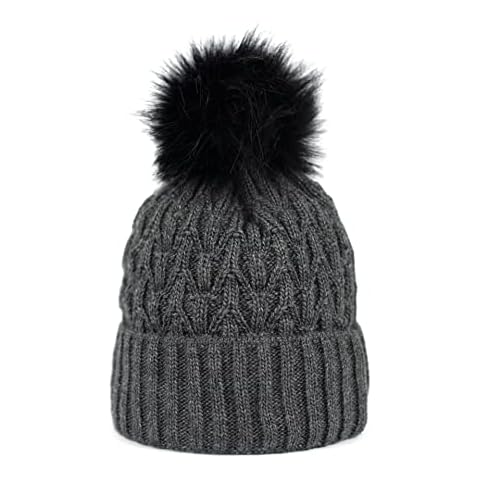 Pullmer Women's Winter Hat, Lined Faux Fur Pom Pom Hat, Knitted Hat, Winter Hat, Slouch Knitted Beanie, Made in EU, graphite, 56/59 cm Cover