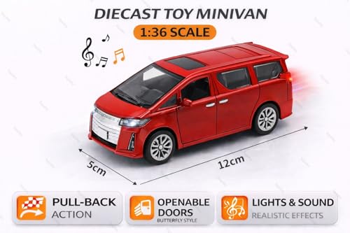 Image of 1:36 Scale Toyota Alphard Toy Car - Die-Cast Metal Pull Back MPV Model with Openable Doors, Lights & Sound - Alloy Mini Car Gift for Kids, Boys & Collectors (Red)