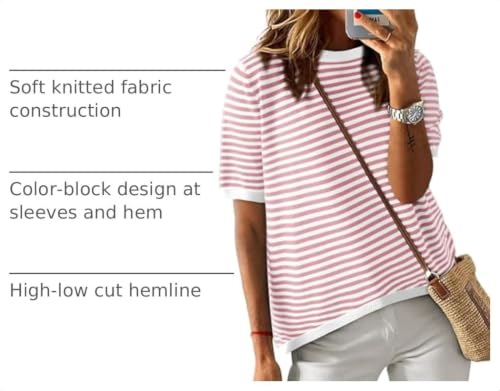 Image of Dokotoo Womens Tops 2026 Casual Summer Crewneck Short Sleeve Striped Color Block Knit High Low Trendy Pullover Sweaters