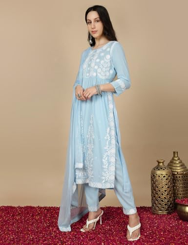 Image of Kaari Women's Chikankari Kurta Set with Dupatta -Fit & Flare Fit | Chiffon Dupatta with Embroidered Band | Straight Pant with Side Pocket | Kurta Set For Women