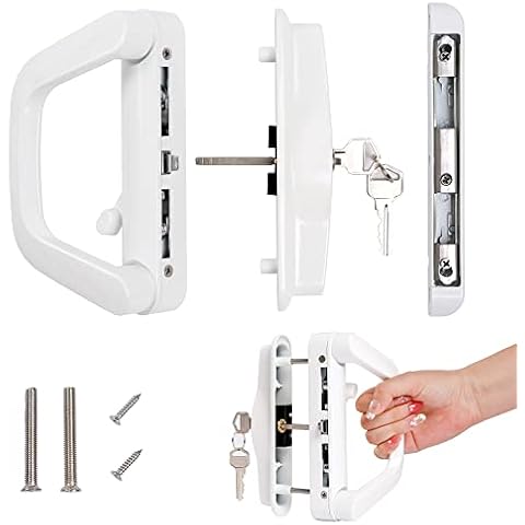 Sliding Patio Door Handle Set with Key Cylinder & Mortise Lock, Replacement Sliding Glass Door Lock Set Fits Door Thickness from 0.75in to 1.4in, 4-15/16" Screw Holes, Reversible Design, White Cover