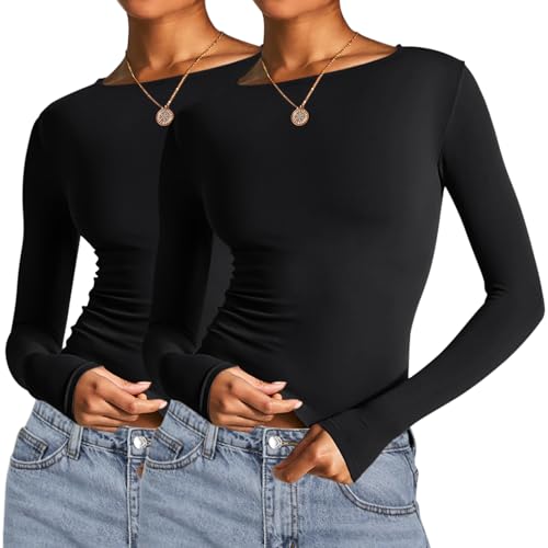 Image of AKEWEI Long Sleeve Crop Tops for Women 2 Pack Fall Going Out Outfits Cute Tight Basic Tees Shirt