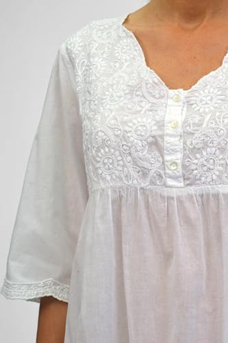 LA CERA Women's Nightgown, 100% Cotton, White Floral Embroidery, Button Front, Three-Button Placket, Side Pockets4