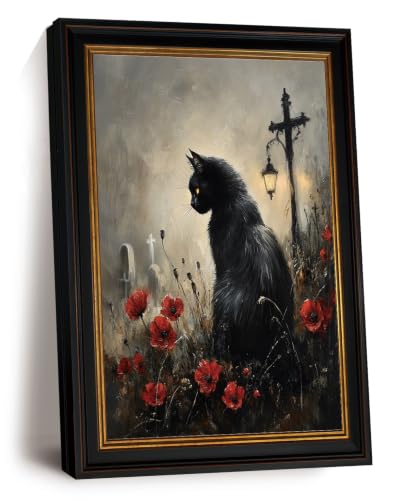Black Cat Vintage Garden Framed Wall Art, Gothic Halloween Canvas 12x16 In