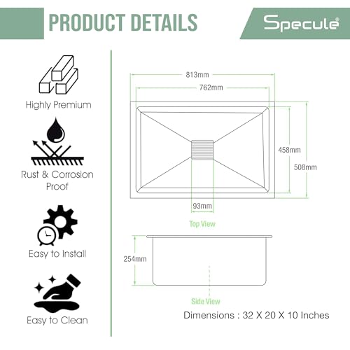 Image of Kitchen Sink (32X20X10) Inches| Heavy Duty Stainless Steel Sink | Undermount & Topmount Installation | Brushed Finish with Grid Drain | Compact Square Sink for Kitchen, Bar or Utility