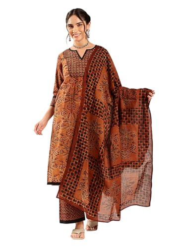 Image of Vbuyz Women's Ajrakh Print With Sequin Work Straight Kurta Palazzo With Dupatta