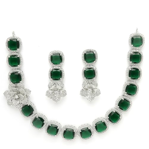Image of ZENEME Jewellery Set Classic Style Rhodium Plated AD /American Diamond Studded Silver Plated Bejeweled Rose Necklace Jewellery Set for Women & Girls