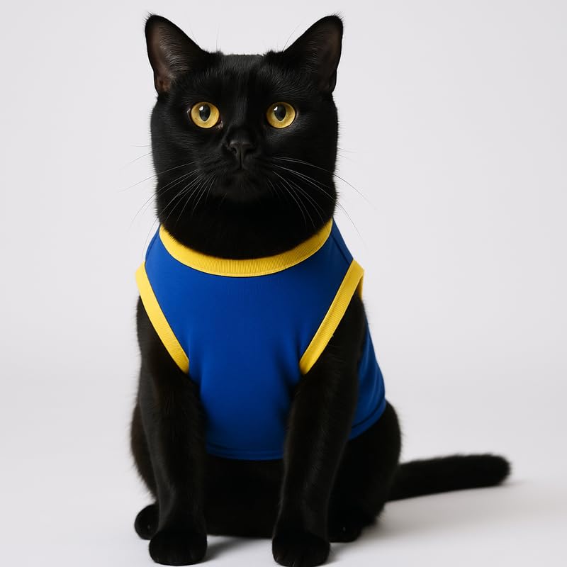 Image of Thunder Tails Printed Cat T-Shirt for Small to Large Cats & Kittens | Lightweight Breathable Cotton Pet Apparel | Cute & Stylish, Comfortable Round Neck Cat Clothes (S, Blue)