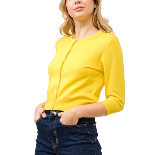 Image of Women's Cropped Cardigan 3 /4 Sleeve Crewneck Button Up Sweater Knit Top (S~XL)
