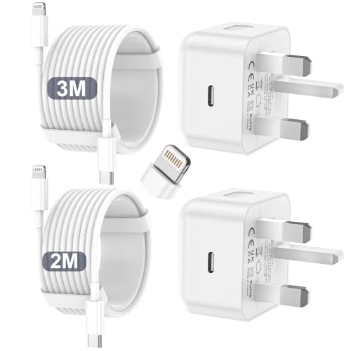 iPhone Charger Fast Charge PD Fast Charging for Apple Charger UK USB C Plug With 2M&3M iPhone Fast Charger Cable [ MFi Certified] Lightning Cable for iPhone 14 13 12 11 Pro Max iPad (White 2Packs)