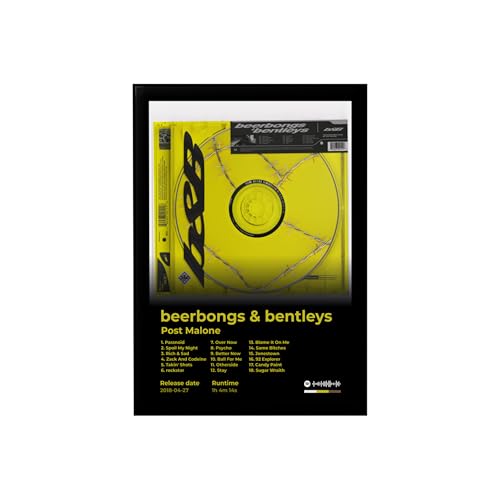 Image of BLINKART Post Malone- beerbongs & bentleys Wall Photo Frames | Wall Art for Bedroom, Living Room, Studio or Office | Album Cover Print with Spotify Song Link QR Code | Gift for Fans - 8x12 In