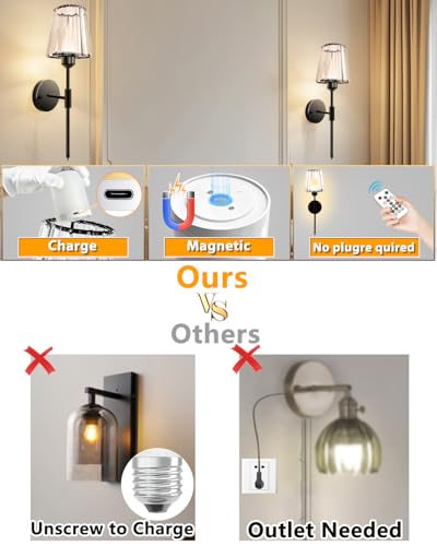 Image of Adetu 19.3 Inch Crystal Battery Operated Wall Sconces Set of 2 | Black Rechargeable Wall Lights with 10000mAh Dimmable Magnetic Bulb, RGB Wall Lamp for Bedroom Decor