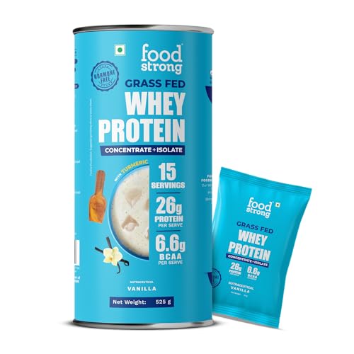 Image of Foodstrong Whey Protein Powder (Concentrate + Isolate), 100% Hormone Free Grass-Fed Whey, 26G Protein & 6.6G BCAA, Vanilla, With Turmeric & Digestive Enzymes, (15 Sachets), 525G