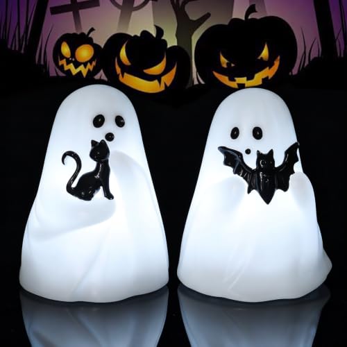 Image of Halloween Ghost Flameless Real Wax Candles Battery Operated with Timer | White, 3D Wick Flickering, 6H Timer, LED Light, Bat & Cat Ghost Halloween Decor & Gift, 3.3 inch x 4.3 inch, 2 pack