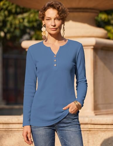 Zeagoo Women's Long Sleeve Waffle Knit Shirts Dressy Casual Loose Button Up V Neck Henley Tops 2026 Fall Basic Tee Blouse M Navy Blue — view 5