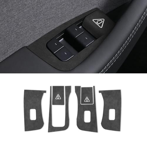 BETTERHUMZ Car Door Window Switch Panel Cover Compatible With Tesla Model Y Juniper 2025 Performance Suede Carbon Fiber Leather Window Frame Trim Interior Tuning Accessories (Suede Black)