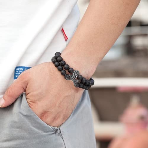 2Pcs Mens Bead Bracelets Gold Wolf Bracelet For Men Women 8Mm Natural Stone Black Agate Tiger Eye Beads Bracelet Protection Bracelet For Men Women Birthday Gift For Him Her (Gold Skull & Lava Stone) #TOP1