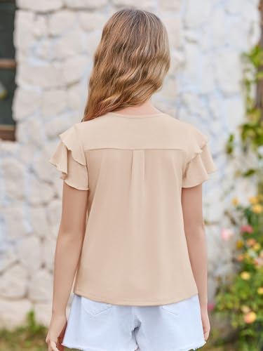 Image of Haloumoning Girls Pleated Ruffle Short Sleeve Shirts Kids Summer Crewneck T-Shirts Fashion Tops Tees 5-14 Years