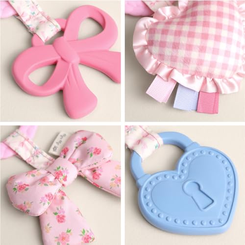Image of Itzy Ritzy Teething Activity Toy - Bitzy Busy Ring Infant Teething Toy Features Braided Teether & Dangling Toys, Includes Textured Ribbons, Crinkle Sound & Jingle Bell - 0 Months & Up (Pink Bow)