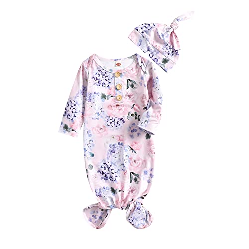 Image of Fuzbavo Newborn Baby Girls Boys Cotton Sleeper Gown Infant Knotted Gown Hat Set … (Pink)