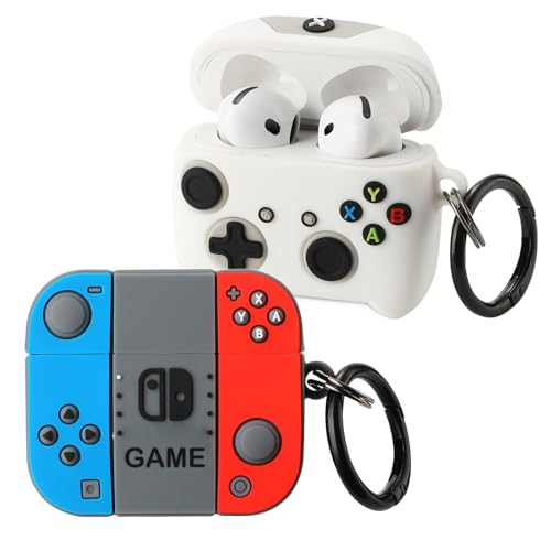 Image of [2Pack] Gedicht for Apple Airpods 4th Generation Case Cover(2024), Cute Cartoon Game Consoles Controller Soft Silicone Protective Cases for Airpods 4 Case with Keychain for Women Men，Blue+White