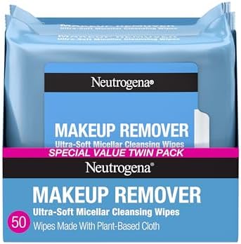 Neutrogena Makeup Remover Wipes Micellar Alcohol-Free Face Towelettes Remove Waterproof Mascara & Oil, Compostable 100% Plant-Based Cloth, Dermatologist & Ophthalmologist Tested, Twin Pack 2 x 25 ct