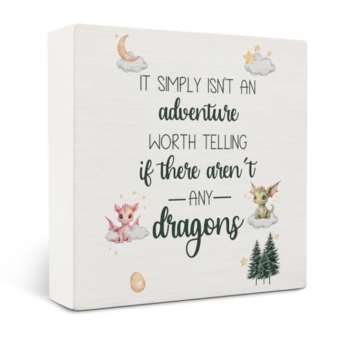 Image of OVAcational Fantasy Dragon Nursery Wooden Box Sign Desk Decor, Enchanted Forest Cute Dragon Wood Block Sign for Kids Room Nursery Playroom Desk Table Shelf Wall Decorations, 5x5 Inch