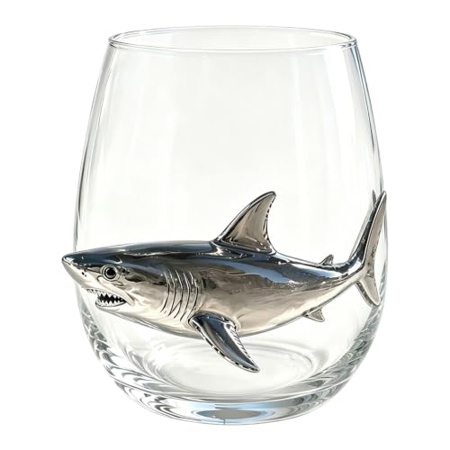Image of Ocean Animal Stemless Drinking Glass with 3D Marine Figures, Handmade Artisanal, Nautical Barware, Home Bar Decor, Multiple Designs (Shark)