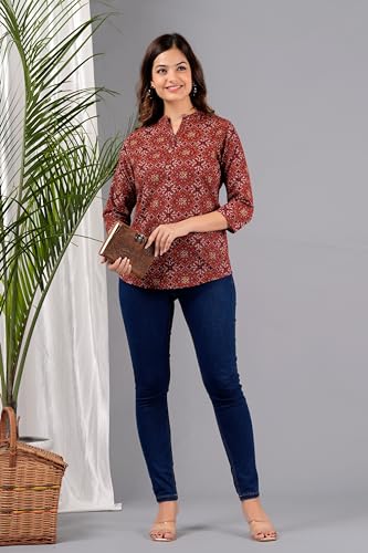 Image of Women's Cotton Printed Kurta Top | 3 /4 Sleeve Straight Kurti Casual Outings