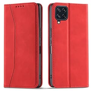 OKZone Compatible with Samsung Galaxy M32 4G Case, Magnetic Leather Mobile Phone Case for Samsung Galaxy M32 4G, Premium Leather Flip Foldable Card Slots Shockproof Stand Function (Red)