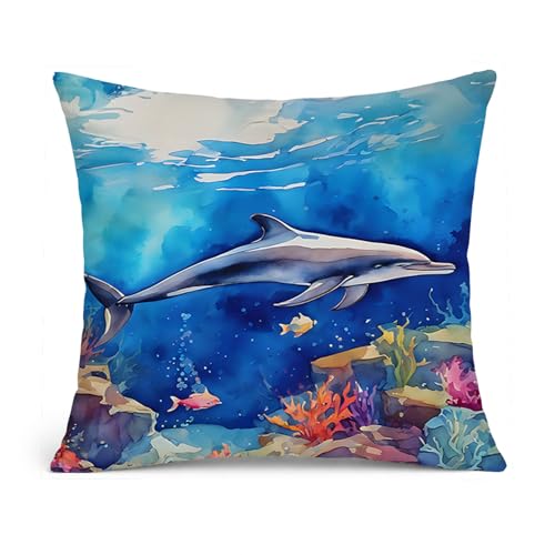 Caroline's Treasures Dolphin Throw Pillow Machine Washable, Indoor Outdoor Decorative Pillow for Couch, Bed or Patio, 14Hx14W