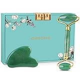 Gimore 100% Natural Jade Roller For Face Anti Aging Facial Rolling SPA Gua Sha Massage Tools Face Eye Neck Beauty Roller For Rejuvenate Skin & Remove Wrinkles (Green Jade 2 in 1)