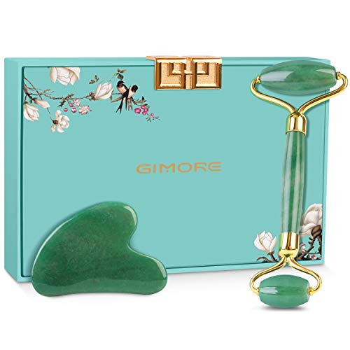 Gimore 100% Natural Jade Roller For Face Anti Aging Facial Rolling SPA Gua Sha Massage Tools Face Eye Neck Beauty Roller For Rejuvenate Skin & Remove Wrinkles (Green Jade 2 in 1)