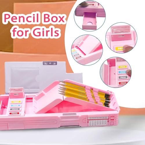 Image of Plastic Multifunctional Cute Unicorn School Pencil Box for Girls - Multi Compartment Button Operated Unicorn Compass Box, Stationary Items- Pencil Case & Geometry Box for Kids, Pink
