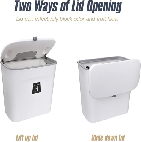 Image of 10 L Kitchen Compost Bin for Counter Top or Under Sink, Hanging Small Trash Can with Lid for Cupboard /Bathroom /Bedroom /Office /Camping, Mountable Indoor Compost Bucket (White)