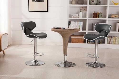 Image of Creative Black Bar Stool Chair | Adjustable Hydraulic Gas Lift | PU Leather Cushion Seat | Chrome Metal Base | Modern Kitchen Counter, Bar, Cafe, Home Furniture | Pack of 1