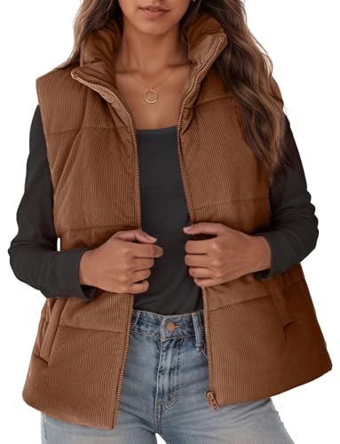Corduroy Puffer Vest Gilet for Women with Pockets Sleeveless Coat Stand Collar Zip Up Bodywarmer Brown XXL