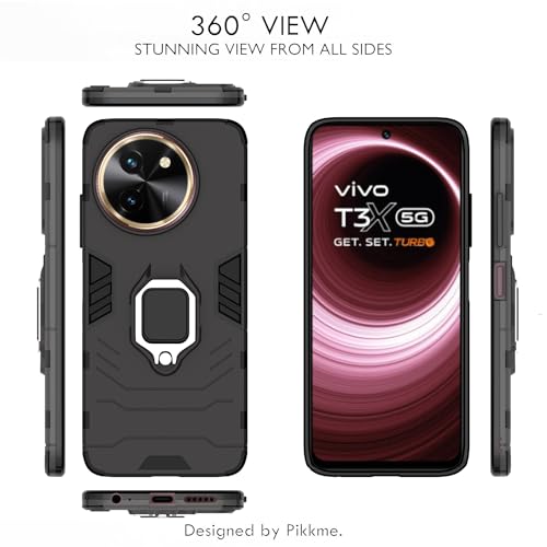 Image of Pikkme Vivo T3x 5G / Vivo Y200i 5G Back Cover | D5 Tough Armor Bumper | 360 Protection Case | Ring Holder Stand Case for Vivo T3x 5G / Vivo Y200i 5G (Black)
