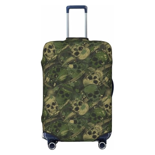 Green Camouflage Skull Print Luggage Cover For Suitcase,Washable Elastic Travel Suitcase Protector With Zipper Closure And Bottom Buckle – Fits 18-32